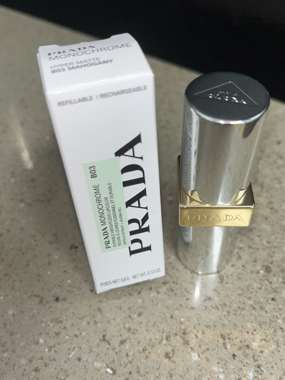 Prada Monochrome Hyper Matte Lipstick B03 Mahogany — Silver & Gold
